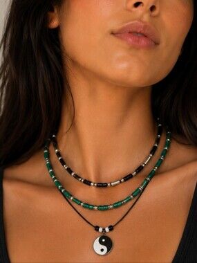 Y2K 2 Beaded Necklace Bundle | Yin Yang Cord Necklace | Boho Vintage